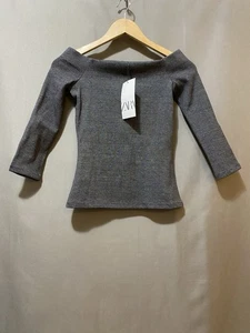 NWOT ZARA Women Off-The-Shoulder 3/4 Sleeve Cotton Blend Knit Top SZ S Dark Gray - Picture 1 of 16