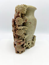 Vintage Hand Carved Chinese Flower Bird Vase Natural Soapstone Ornate Carving