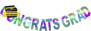 Pre-Strung Holographic Congrats Grad Banner Decorations Sign, Iridescent Hanging - Picture 1 of 6
