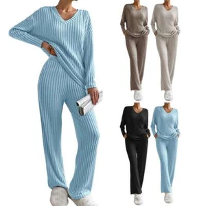 Women's Pajamas Set Winter Sleepwear V-Neck Loose Long Sleeve Top Elastic Waist - Picture 1 of 16