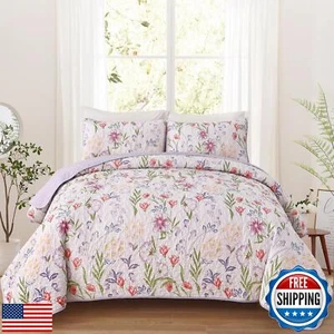 Yiran Floral Quilt Set King Size Lavender Botanical Bedspreads Coverlet 3 Pie - Picture 1 of 5