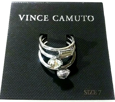 Juego de tres anillos solitario de cristal Vince Camuto talla 7 tono plateado apilables nuevos con etiquetas Foto 1 de 4