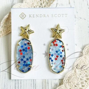 KENDRA SCOTT Elle Star Gold Drop Earrings In Red White Blue Illusion NWT - Picture 1 of 4