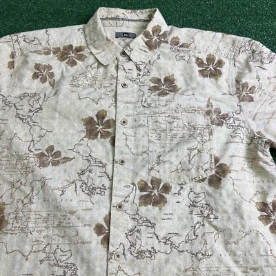 REI Organic Aloha Hawaiian World Map Beige Shirt Short Sleeve Mens Size Large - Image 1 of 4