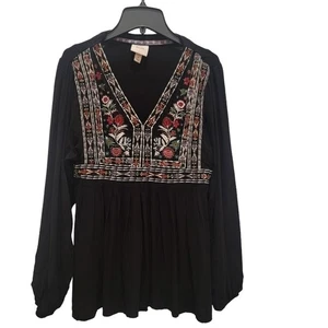 Knox Rose Boho bestickte Bauernbluse schwarz Blumen Langarm fließend Top SML - Bild 1 von 12