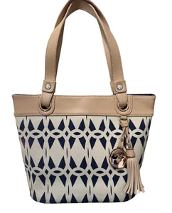 Borsa a mano Spartina Tybrisa blu Geo stampa diamante lino giorno usata in ottime condizioni con nappe - Foto 1 di 6
