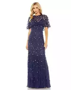 Vestido con capellán de tul con cuentas florales con apliques Mac Duggal en azul marino talla 10 - Imagen 1 de 8