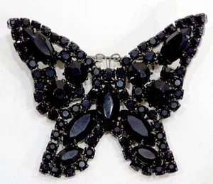 Vintage BLACK GLASS RHINESTONE BUTTERFLY Costume Jewelry BROOCH PIN / Weiss - Picture 1 of 4
