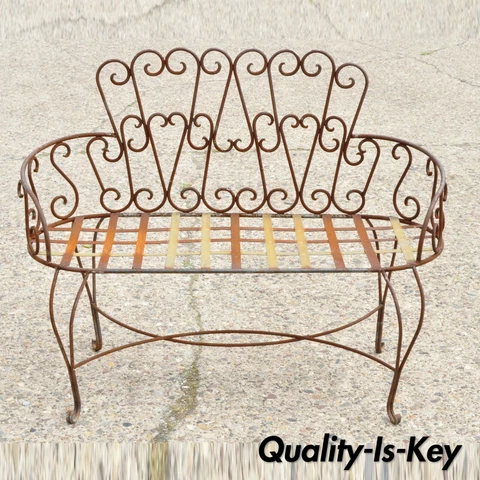 Vintage Fancy Scrolling Wrought Iron Victorian Style Garden Patio Bench Loveseat Cover