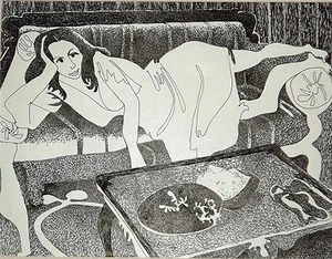 Clever Contemporary Unsigned  Ink Drawing of Woman on Couch - Picture 1 of 3