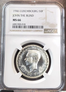 1946 LUXEMBOURG SILVER 50 FRANCS JOHN THE BLIND NGC MS 66 BRIGHT GEM BEAUTY - Picture 1 of 3