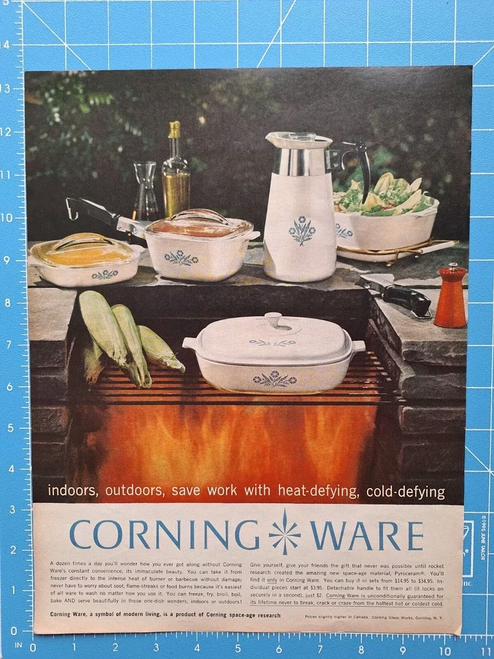 Cazuela Corning Ware 1960 azul aciano llama abierta anuncio impreso Foto 1 de 1