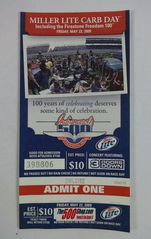 2009 Indianapolis 500 Miller Lite Carb Day 3 Doors Down Unused Ticket Employee Cover