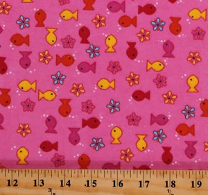 Flannel Fish Goldfish Flowers on Pink Kids Cotton Flannel Fabric Print D277.14 - Picture 1 of 1