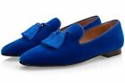 Handmade Mens Royal Blue Tassels Loafer Velvet Suede Leather Formal Dress Shoes