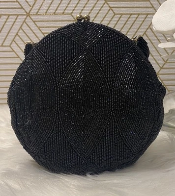 Mini bolso de mano/cartera de noche japonesa vintage con cuentas negras forro de seda ¡Excelente! Foto 1 de 4