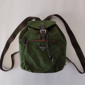 PRADA Backpack Dark Green Khaki Drawstring Nylon Leather USED Auth #S1797 - Picture 1 of 11