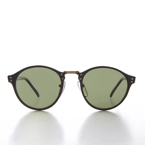 Black Round Pantos Vintage Sunglass with Metal Bridge and Green Lens - Luca - Picture 1 of 3