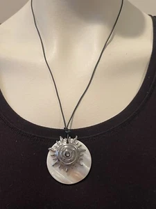 Mother of Pearl 1.5” Round Disc With Silver Sun Pendant Black Cord Necklace NEW - Picture 1 of 8