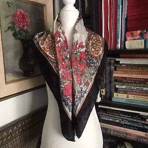 Vtg Satin Scarf Shawl Floral Multicolor Black Border 31" Square Polyester Korea - Picture 1 of 7