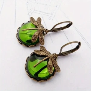 Fashion Women Vintage Dragonfly Green Glass Gemstone Earrings Holiday Trendy New - Picture 1 of 3