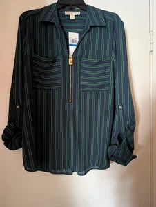 NWT MICHAEL KORS partial zip, long sleeves, Navy and Green Stripe, Size XL - Picture 1 of 10
