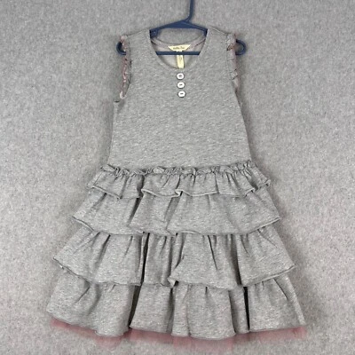 Matilda Jane Whiskers Dress Girl 6 Gray Pink Tulle Hem Ruffled Tiered Sleeveless - Image 1 of 4