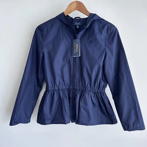 Polo Ralph Lauren Girls Jacket 12 - 14 Large Navy Blue Peplum Windbreaker Hooded - Picture 1 of 11