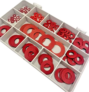 RED FIBRE SEALING FLAT WASHERS ASSORTED 100 PIECE KIT M3 M4 M5 M6 M8 M10 M12 M16 - Picture 1 of 7