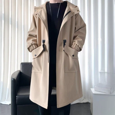 Men Midi Trench Coat Overcoat Jacket Full Zip Hooded Tunic Outwear Workwear Chic - Image 1 of 4