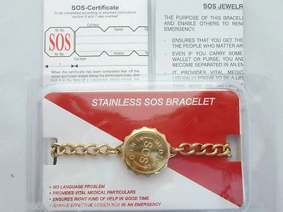 SOS ARMBAND DAMEN/HERREN 9kt VERGOLDET EDELSTAHL/TALISMAN/MEDIZINISCHER ALARM