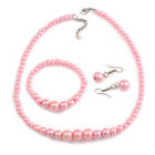 Pastel Pink Faux Pearl Bead Necklace/ Stretch Bracelet/Drop Earrings Set - 44cm