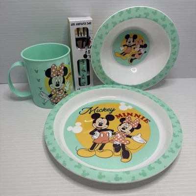Mickey + Minnie Meal Set ~ Plastic Plate, Bowl & Cup + 2pc Cutlery Set ~ New - image 1 of 4