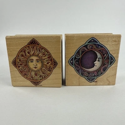 Juego de 2 sellos de goma de madera All Night Media Laurel Burch CelestialSun & Moon Foto 1 de 4
