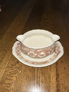 Vintage Mason's Vista Pink Transferware Gravyboat With Attached Underplate - Picture 1 of 2
