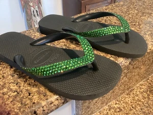 LORI JACK HAVAIANAS FLIP FLOP SIZE 37-38. GREEN WITH SWAROVSKI CRYSTALS - Picture 1 of 10