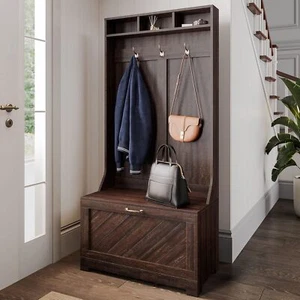Entryway Hall Tree – 3-in-1 Coat Rack, Storage Bench & Shoe Rack, Espresso - Picture 1 of 8
