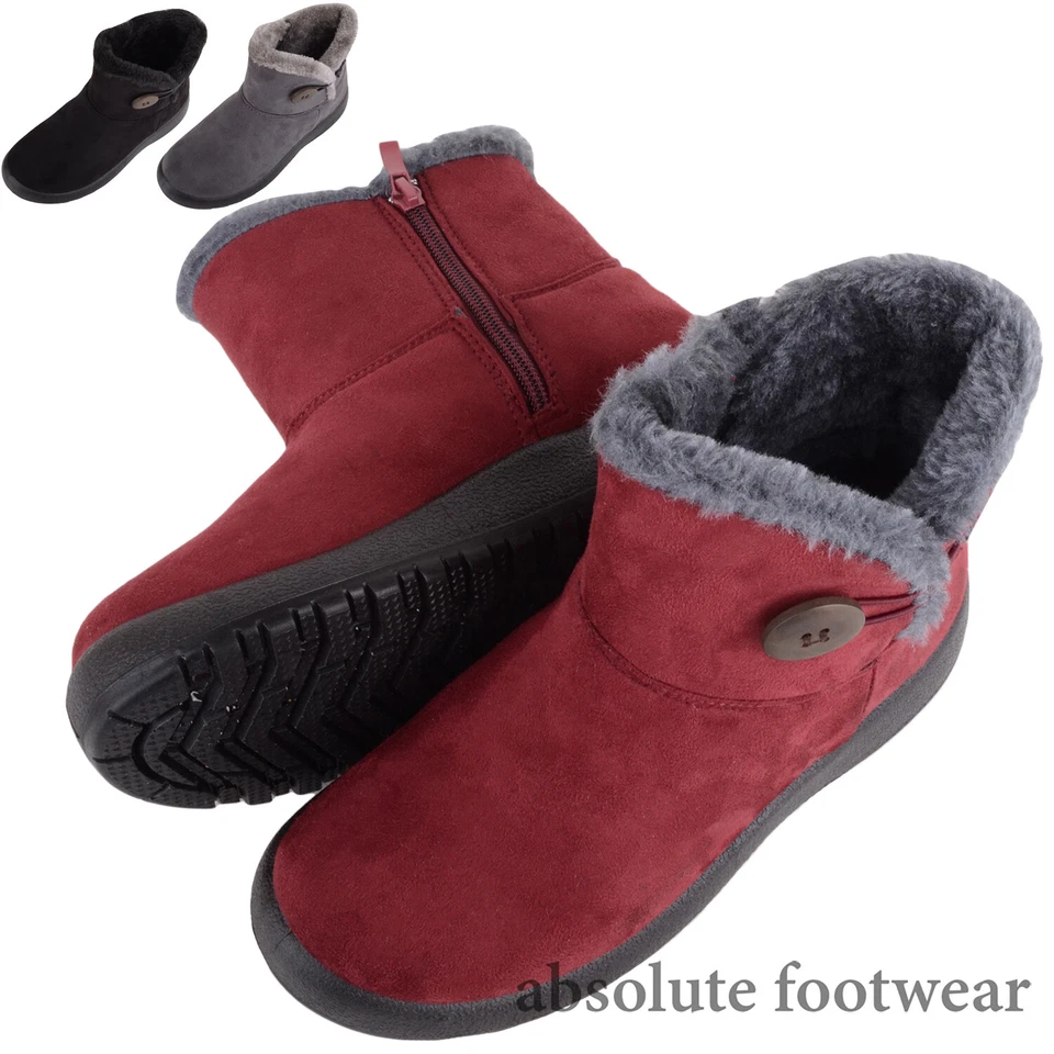 ABSOLUTE FOOTWEAR Ladies Womens Lightweight Faux Suede Faux Fleece Slip On Zip Up Ankle Boots