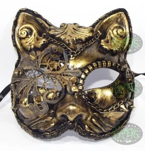 MASCHERA STEAMPUNK DOMINO GATTO cyberpunk halloween micio colore oro ottone - Foto 1 di 1