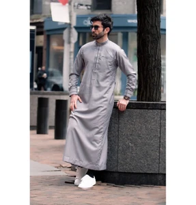Men's Muslim Full Length Long Sleeve Middle East Islamic Thobe Elite 511 Gray - Picture 1 of 4