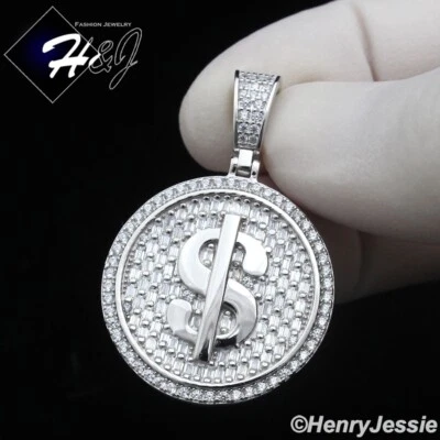 HOMBRE 925 PLATA ESTERLINA ICY BLING BAGUETTE DÓLAR CIRCONITA COLGANTE REDONDO SIGNO $*SP407 Foto 1 de 4