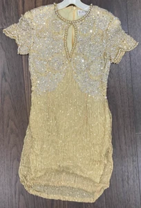 Oleg Cassini Blacktie gold Cocktail Dress evening embellished Size 33 pics. J55 - Picture 1 of 5