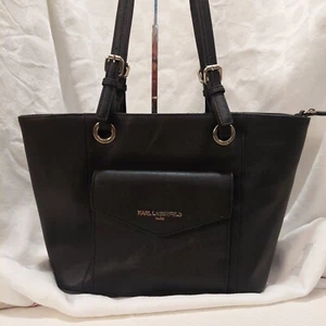 KARL LAGERFELD PARIS Black Tote Bag Saffiano Leather Handbag Pocket Satchel - Picture 1 of 10