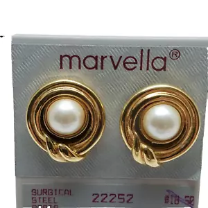 Gold Tone Earrings Marvella Button With Faux Pearl Post - Picture 1 of 2