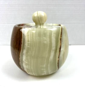 Green Onyx Storage Jar Handcrafted Large Round Finial Lid VTG Carved Heavy 6"x4" - Picture 1 of 12