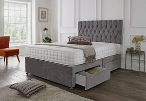 SUEDE MEMORY FOAM DIVAN BED SET WITH MATTRESS HEADBOARD 3FT 4FT6 DOUBLE AND KING - Picture 1 of 7