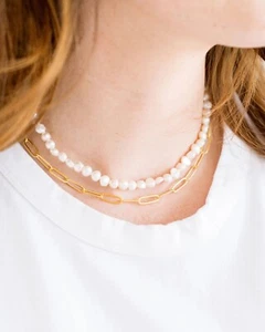 NEW! Susan Shaw Piper Paperclip Pearl Necklace $150 24kt TPG 16"+2" extender USA - Picture 1 of 7