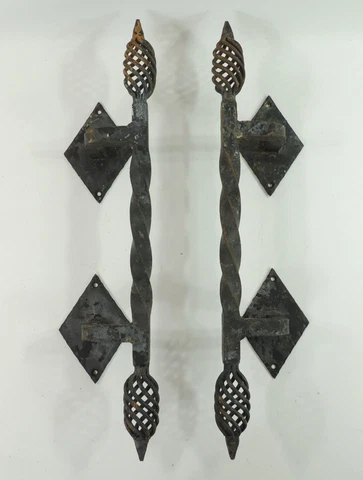 Antique Rusty Iron Gothic Door or Gate Handles w Spiral Finals Hand Crafted Cover