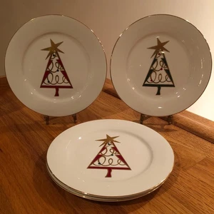 Pier 1 Christmas Tree 7-5/8" Porcelain Salad Desert Plates Gold Trim S4 ~ NWOB - Picture 1 of 11