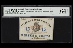 1863 SOUTH CAROLINA Charleston, 15c State Civil War Banknote Currency, PMG 64 - Picture 1 of 7